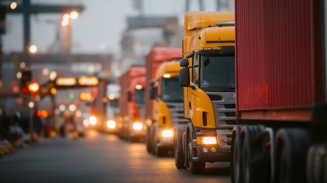 Crowded port gate where truck drivers queue in vehicles submitting entry documentation to security checkpoint before container pickup authorization, perfect for terminal operations, access control,