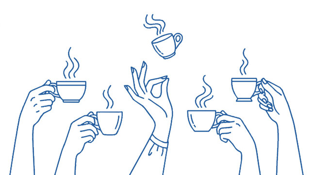 Four hands holding steaming coffee cups in different gestures on white background