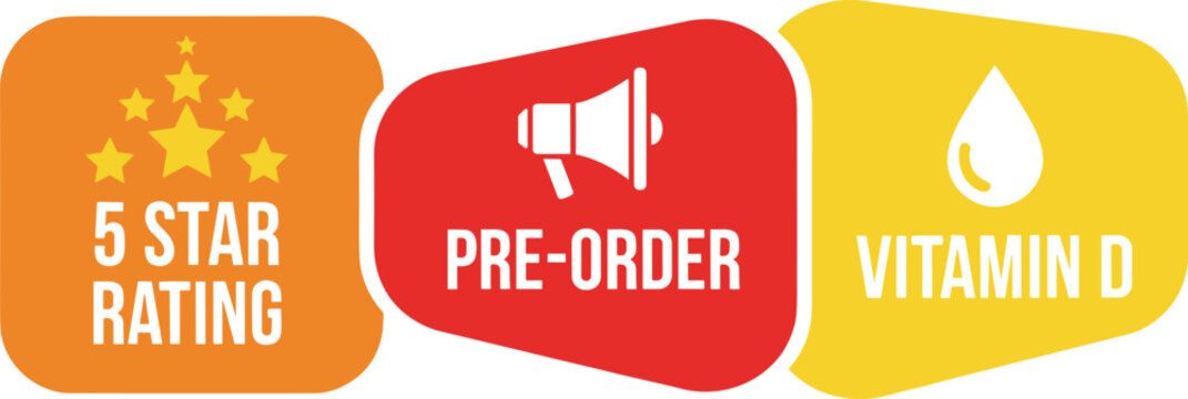 Promotional Badge Icon Set with Five Star Rating, Pre Order Megaphone, and Vitamin D Label Symbols for Marketing Campaign and Product Highlight Design