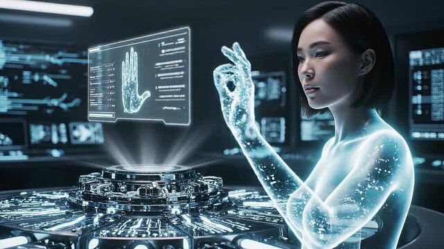 A young Asian woman with short dark hair interacts with a glowing blue holographic display. She is in a dimly lit, futuristic control room with multiple screens in the background showing data.