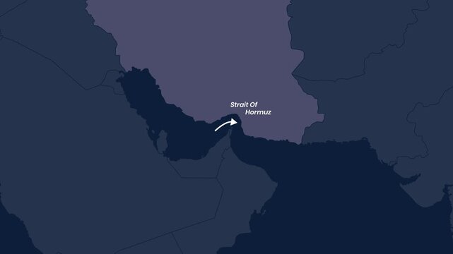 4K Map Animation Highlighting Strait Of Hormuz With White Arrow Line Showing Shipping Route And Strategic Maritime Chokepoint