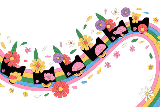 A whimsical roller coaster train decorated with colorful flowers traveling along a vibrant rainbow Vector