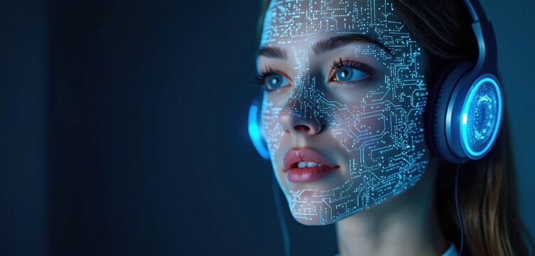 Woman with futuristic circuits on face wears headphones. Digital interface glows on skin, showing connection to technology. AI concept represents virtual interaction, smart systems for future