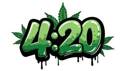 Naklejka premium Green 420 graffiti lettering with cannabis leaves, dripping paint typography design for marijuana culture and celebration concept.