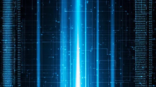 Futuristic blue light beams binary code on dark background grid lines digital elements