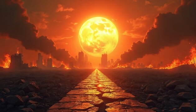 Apocalyptic city burns under a fiery sun. A cracked stone path leads through destruction and debris. Smoke fills the orange sky. The world ends in a desolate wasteland, intense heat.