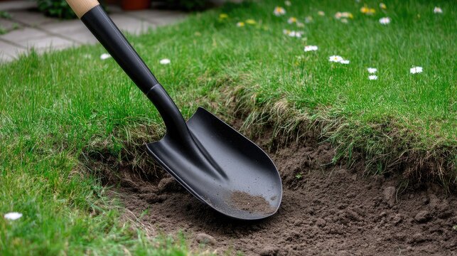 Using a shovel to dig into the dirt in a backyard near an open grave with some grass and flowers visible nearby