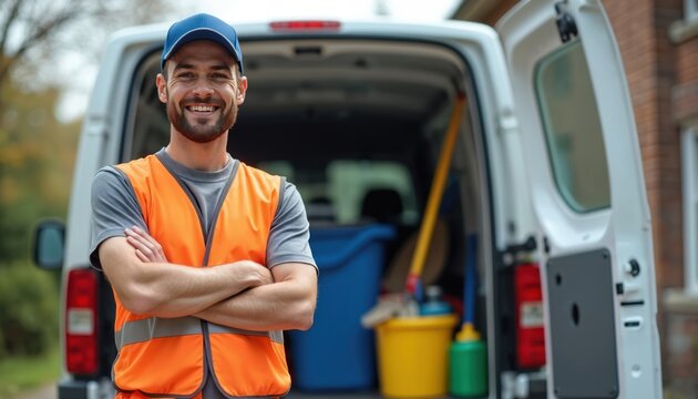 Smiling worker in uniform with van. Man arms crossed, ready for job. Cleaning supplies and tools inside vehicle. Reliable service for home improvement needs. Pro assistance.