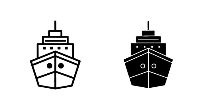 Vector illustration of set of ship icons, front view of a cruise ship or cargo vessel