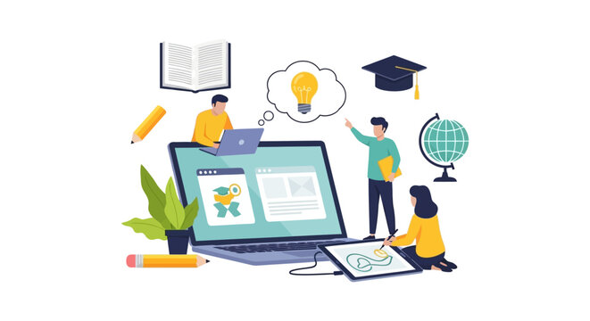 E-learning and Online Education Platform with Students Studying, Collaborating, and Developing Ideas. Knowledge Sharing Concept Vector.