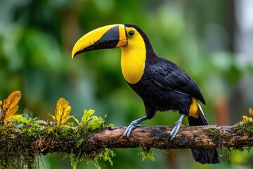 Fototapeta premium A vibrant yellow-throated toucan perched on a mossy branch in the rainforest, displaying its striking plumage and captivating gaze against a soft green backdrop.
