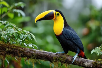 Fototapeta premium A stunning keel-billed toucan perched on a mossy branch in the lush rainforest, showcasing its vibrant yellow and black plumage in its natural habitat.