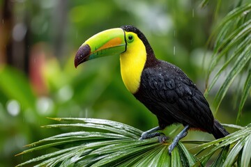 Fototapeta premium Close-up portrait of a Keel-billed Toucan perched on a lush green palm leaf in a rainy tropical forest, showcasing its vibrant colors and distinct features.