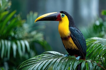 Fototapeta premium A vibrant yellow-throated toucan perched on a lush, green palm leaf in a tropical rainforest, displaying its vivid colors and striking features with natural beauty.