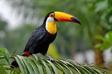Fototapeta premium A beautiful Toco Toucan perched on a branch with its striking colorful bill, showcasing tropical wildlife amidst lush green foliage in a vibrant rainforest setting.