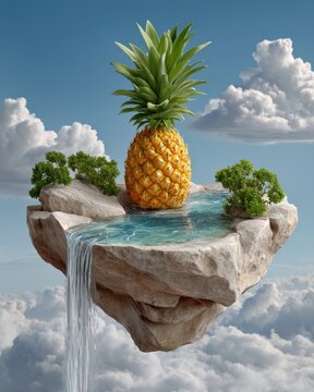 A floating island with a single pineapple tree