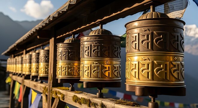 A close up view of traditional tibetan prayer wheels lined up with prayer flags in the beautiful himalayan mountain range illustration
