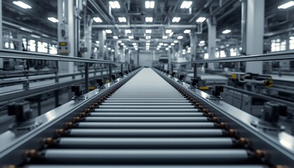 Fototapeta premium A long, empty industrial conveyor belt stretches through a bright, modern factory, ready for automated production processes.