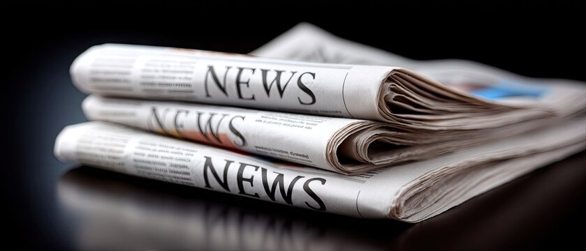 Stack of newspapers on black background for news content with copy space and focus on printed media and headlines