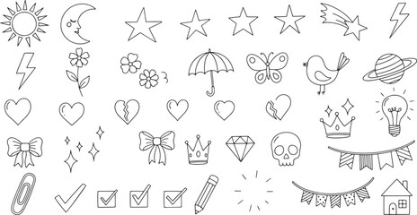 Obraz premium Large collection of cute minimalist aesthetic stickers including stars hearts celestial objects nature elements and daily life objects hand-drawn vector illustration doodle art