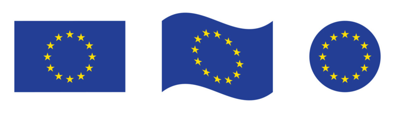 European Union Flag Vector Set  Flat, Waving and Circular EU Symbols Illustration