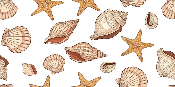 Seashell and Starfish Seamless Pattern with Hand Drawn Ocean Elements, Coastal Beach Illustration for Summer Textile, Wallpaper and Marine Design