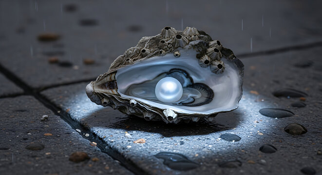 White pearl in open oyster shell on wet concrete with spotlight effect and barnacles