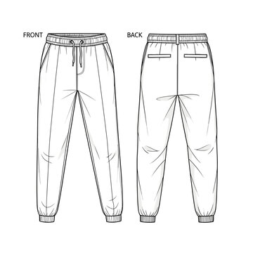 Technical illustration of sweatpants with detailed front and back