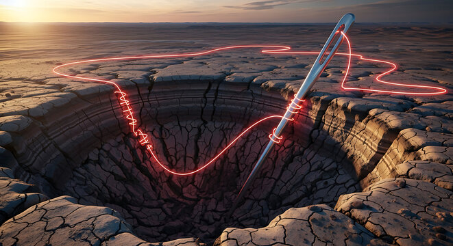 A giant needle with glowing red thread descends into a deep, cracked desert chasm under sunset