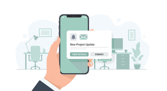 Hand holding a smartphone displaying a new project update notification with icons for bell and envelope.
