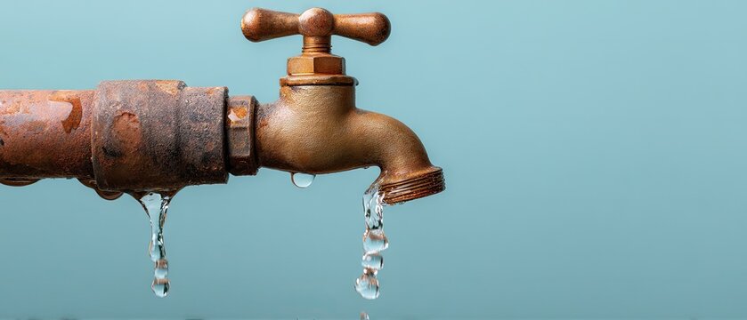Water flows from an old metal tap against a light blue background with space for text and social media icons for water company banner design