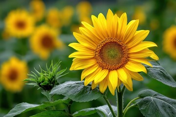 Obraz premium A bright yellow sunflower in full bloom with a lush green field in the background, highlighting its vibrant colors and intricate petal structure, natural beauty.