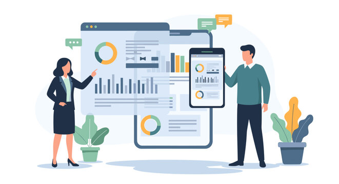 Two business professionals analyzing data dashboards on a large screen and smartphone, illustrating digital marketing and business intelligence.