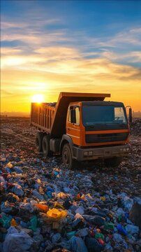 An video of a large dump truck parked at the end of the day, carrying full loads of discarded items at a waste management facility.
