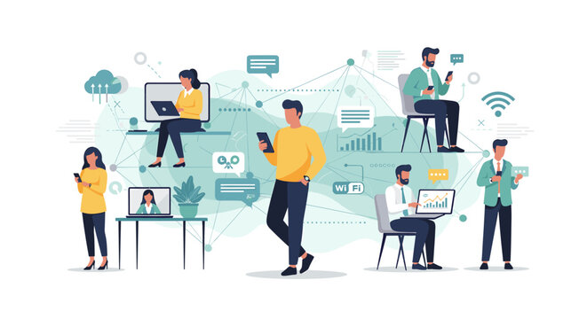 Diverse group of people using various digital devices and cloud technology for communication and work.