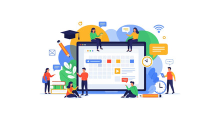 Fototapeta premium Digital Education Platform and Online Schedule Management Vector Illustration. Students collaborate around a learning management system interface for planning and studies.