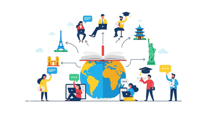 Global Online Education and Study Abroad Concept. Diverse students connect worldwide for distance learning and knowledge exchange.