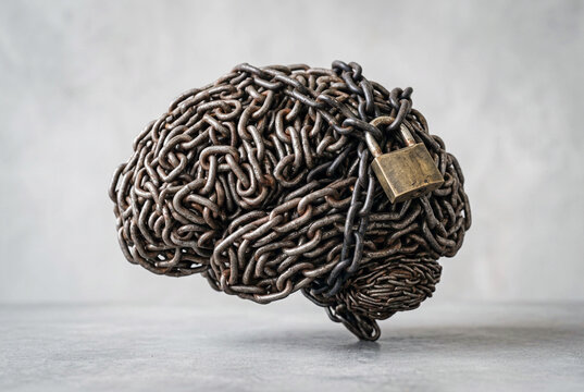 Brain Wrapped in Chains with Padlock &ndash; Men&rsquo;s Mental Health Struggle and Emotional Suppression Concept