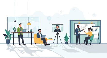 Fototapeta premium A modern office environment depicting various business activities including remote work, presentations, and individual tasks, highlighting collaboration and technology.