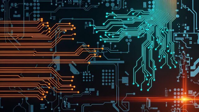 Vibrant circuit board glowing orange blue neon lights on a dark background