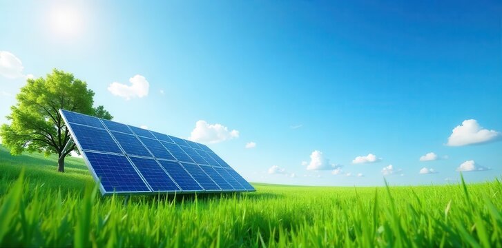 A modern green energy template with solar panels against a clear blue sky , clean energy, technology