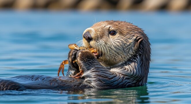 Sea otter floating and eating crab in calm ocean water day time