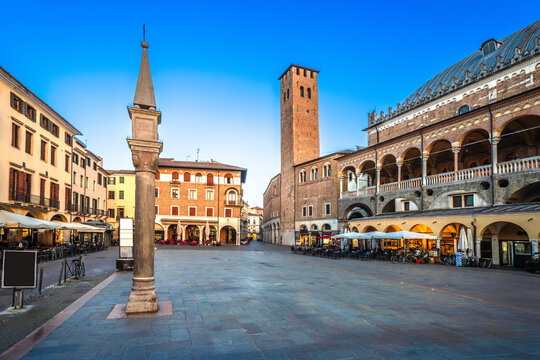 Padova, Italy. Piazza della frutta historic square and tower of Torre degli Anziani view