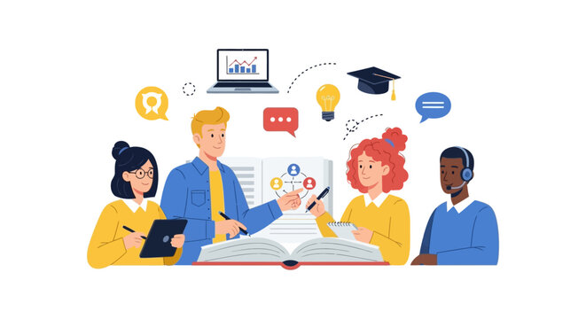 Online Education and Team Training Illustration. Group Learning, Mentorship, and Knowledge Transfer with Digital Icons on White Background.