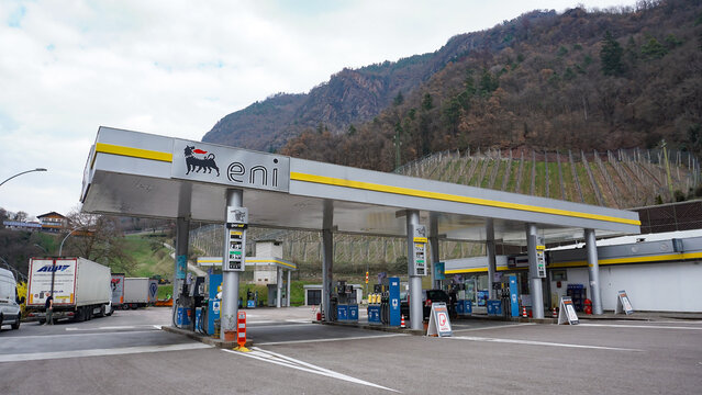 Trentino, Italy - March 11, 2026: View of the Eni gas station. Eni S.p.A. is an Italian multinational oil and gas company