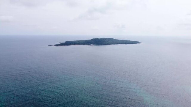 An aerial view of the tropical island of Ilh&eacute;u das Rolas surrounded by the Atlantic Ocean off the coast of S&atilde;o Tom&eacute; Island, S&atilde;o Tom&eacute; and Pr&iacute;ncipe.