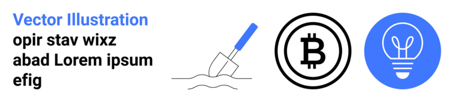 Cryptocurrency, blockchain technology, digital innovation, investment strategies, mining concepts, idea generation. Shovel, Bitcoin logo and lightbulb symbol core . Cryptocurrency and blockchain