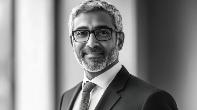 Man in suit confidently looking at camera, indicative of professional success.