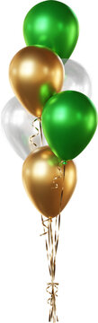 Balloon bouquet in green, gold, and transparent white, isolated on a transparent background. A bunch of realistic balloons for St. Patrick&rsquo;s Day, eco-themed, and spring party designs.