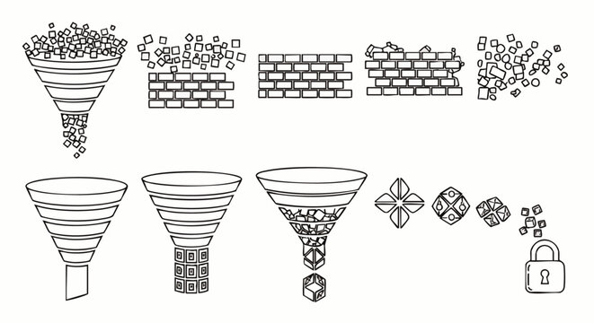 Vector line art illustrations depicting abstract concepts of data filtering, security, process flow, barriers, and problem-solving with funnels and walls.